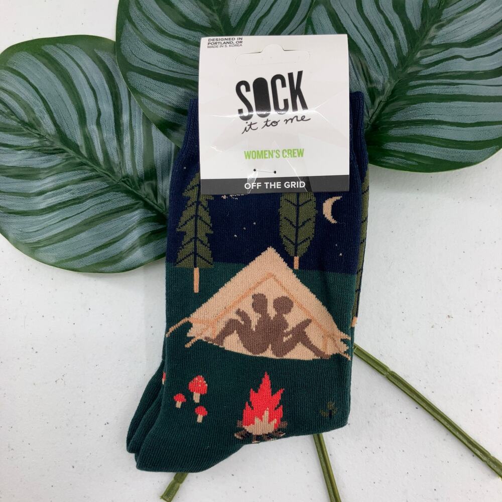 Sock It To Me Green Off The Grid Camping Fire Outdoors Tent Novelty Crew Socks